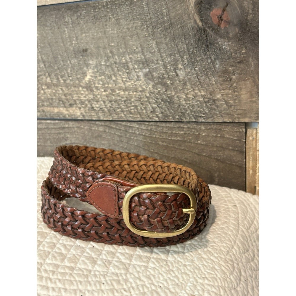 Talbots Brown Braided Leather Belt with Brass Buckle